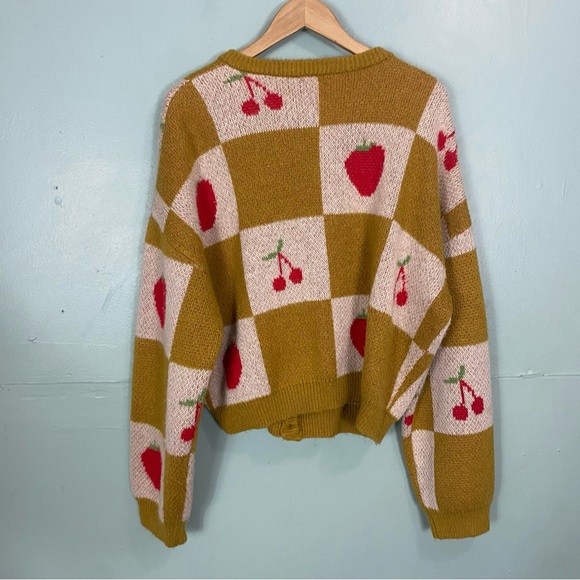 Lisa Says Gah Lauda Knit Fruit Cardigan Yellow Cherry Strawberry Plaid M & L - Picture 6 of 9